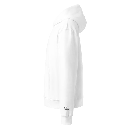 Side view white pullover hoodie with divorced energy embroidered in black on left wrist