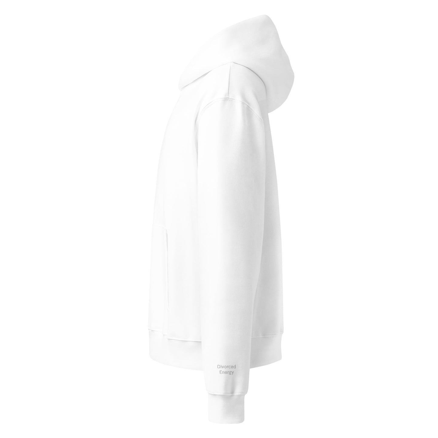 Side view white pullover hoodie with divorced energy embroidered in white on left wrist