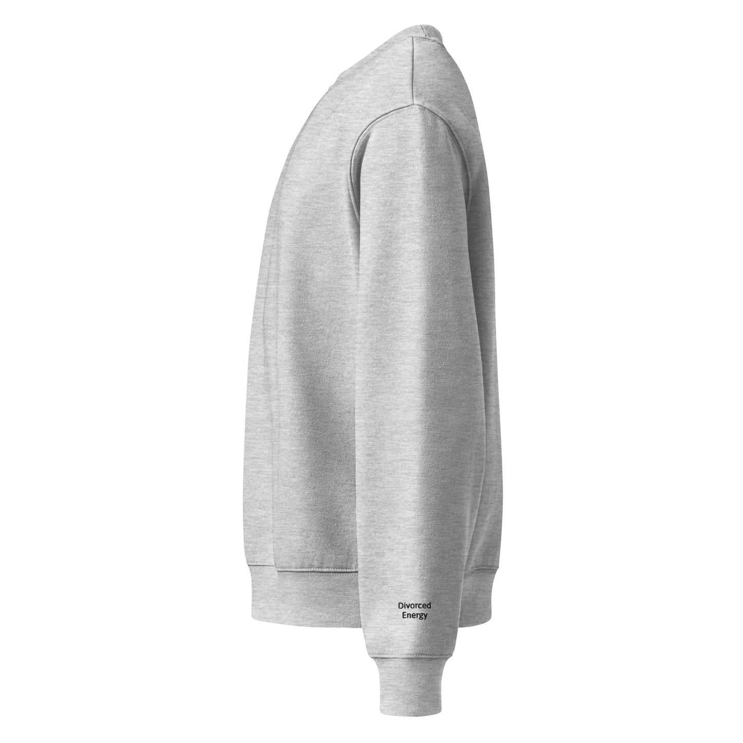 Front view of gray crewneck sweatshirt with Divorced Energy embroidered in black on left wrist