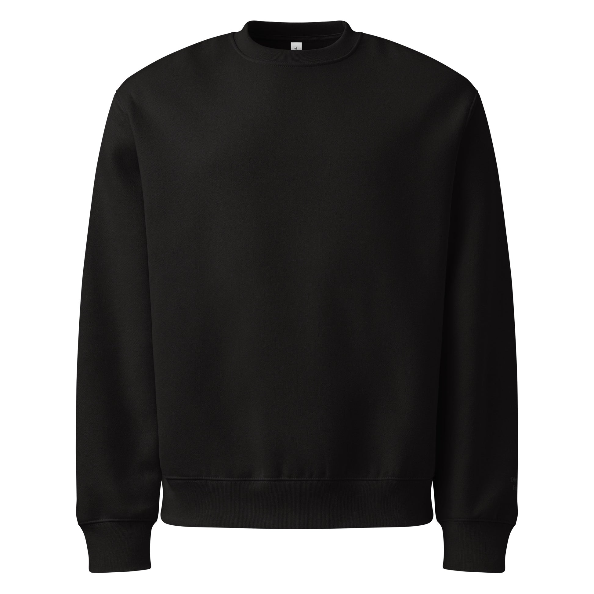 Front view of black crewneck sweatshirt with Divorced Energy embroidered in black on left wrist