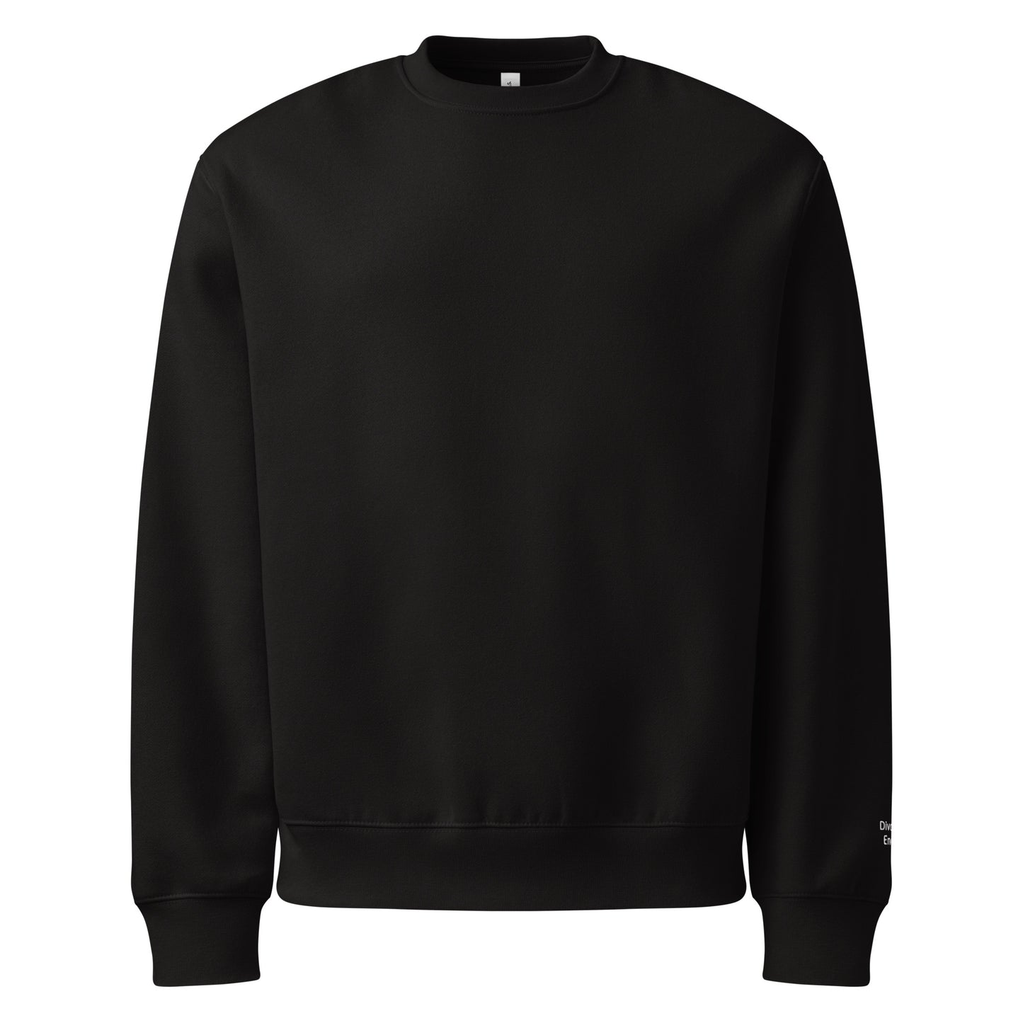Front view of black crewneck sweatshirt with Divorced Energy embroidered in white on left wrist