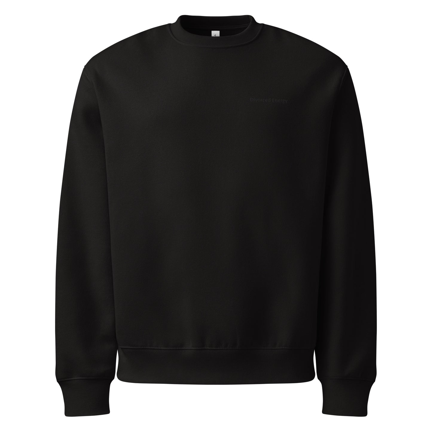 Black crewneck sweatshirt with Divorced Energy on left chest in black embroidery