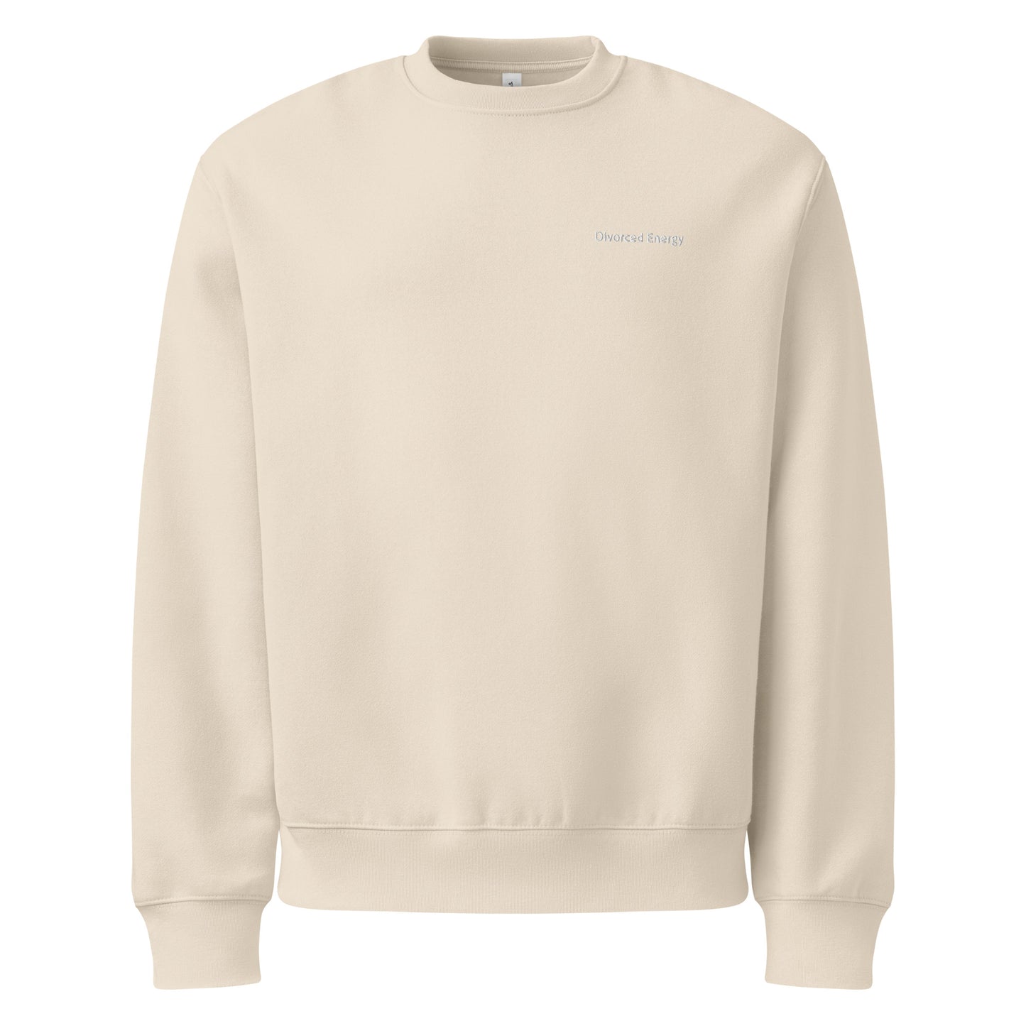 Cream crewneck sweatshirt with Divorced Energy on left chest in white embroidery