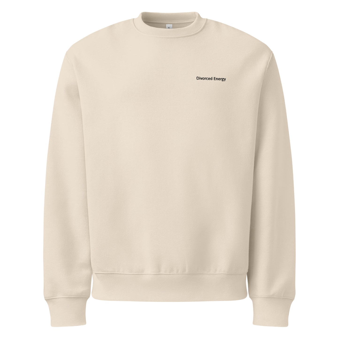 Cream crewneck sweatshirt with Divorced Energy on left chest in black embroidery