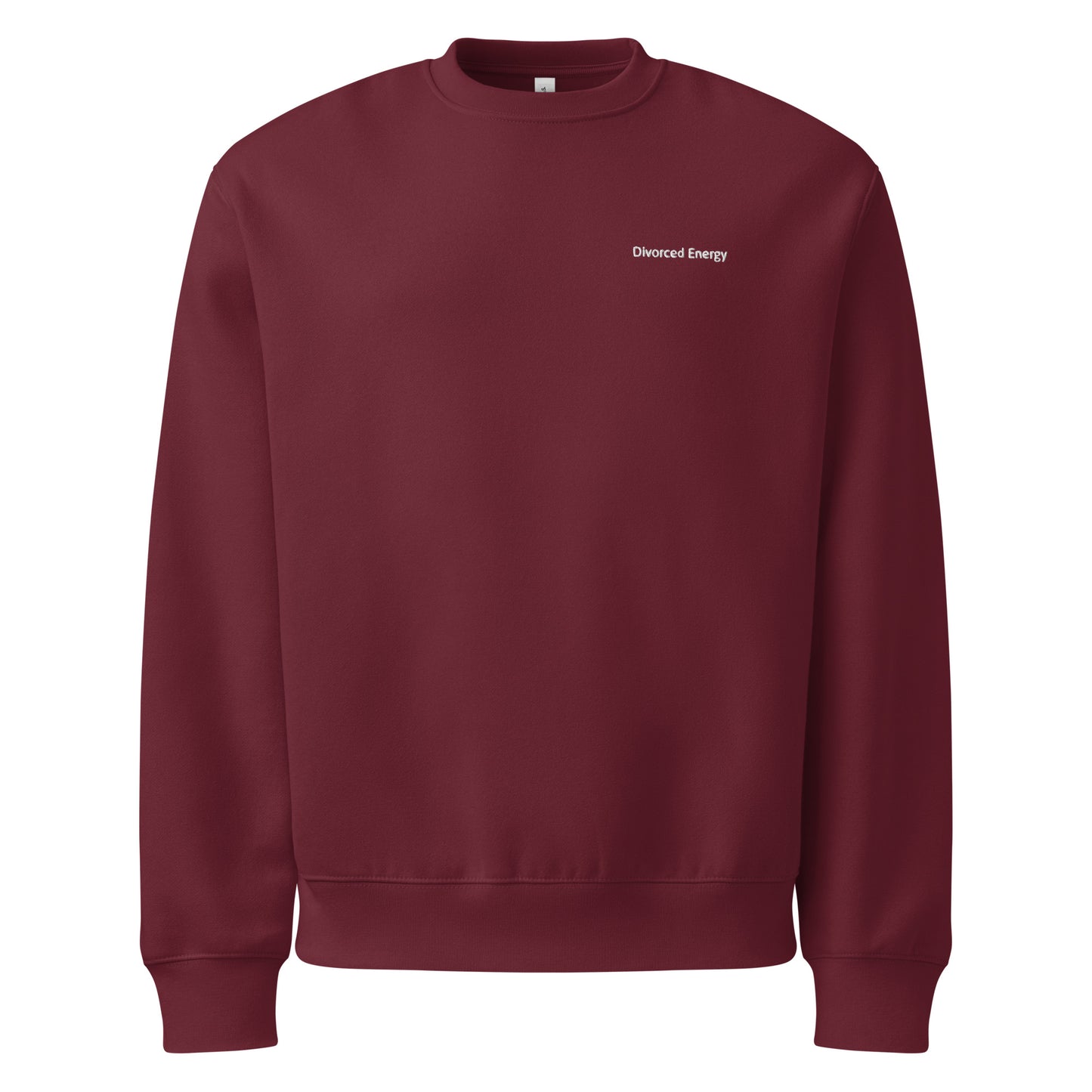 Red crewneck sweatshirt with Divorced Energy on left chest in white embroidery