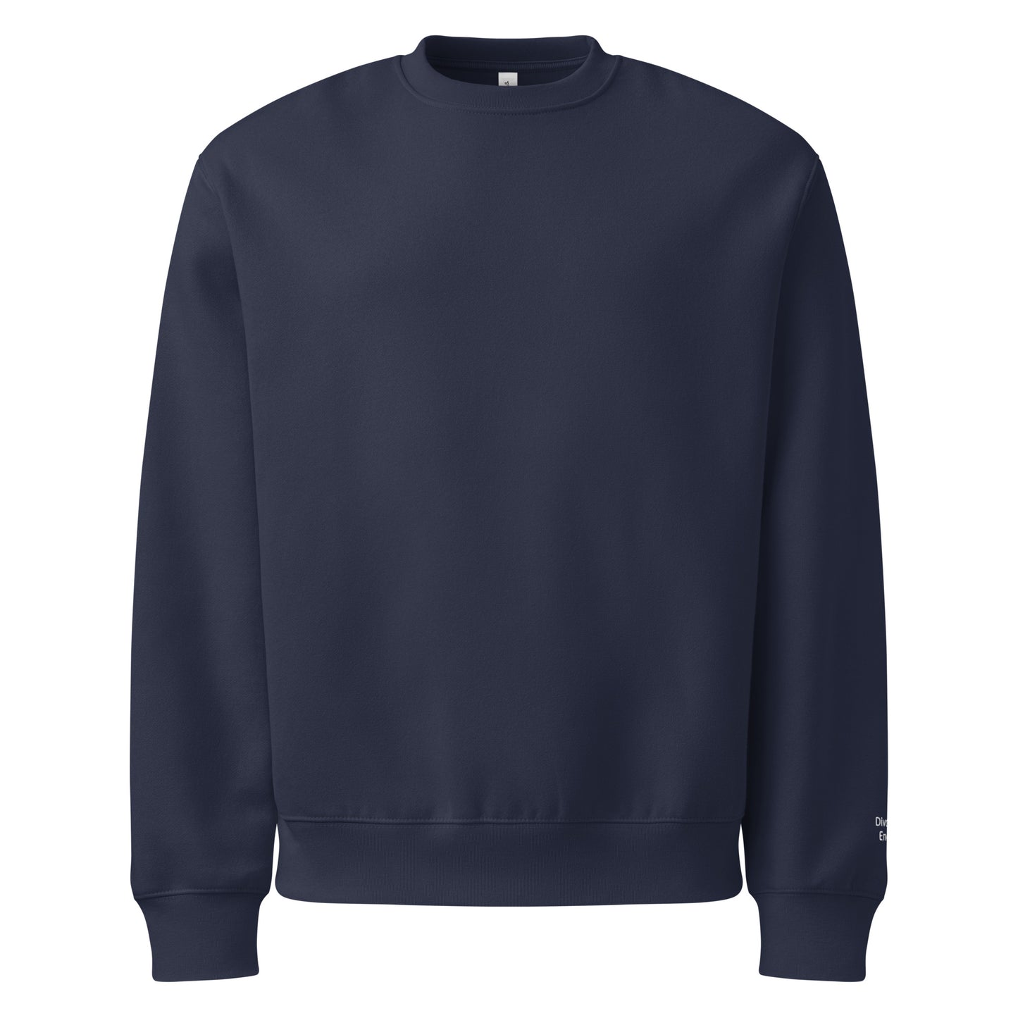 Front view of navy crewneck sweatshirt with Divorced Energy embroidered in white on left wrist