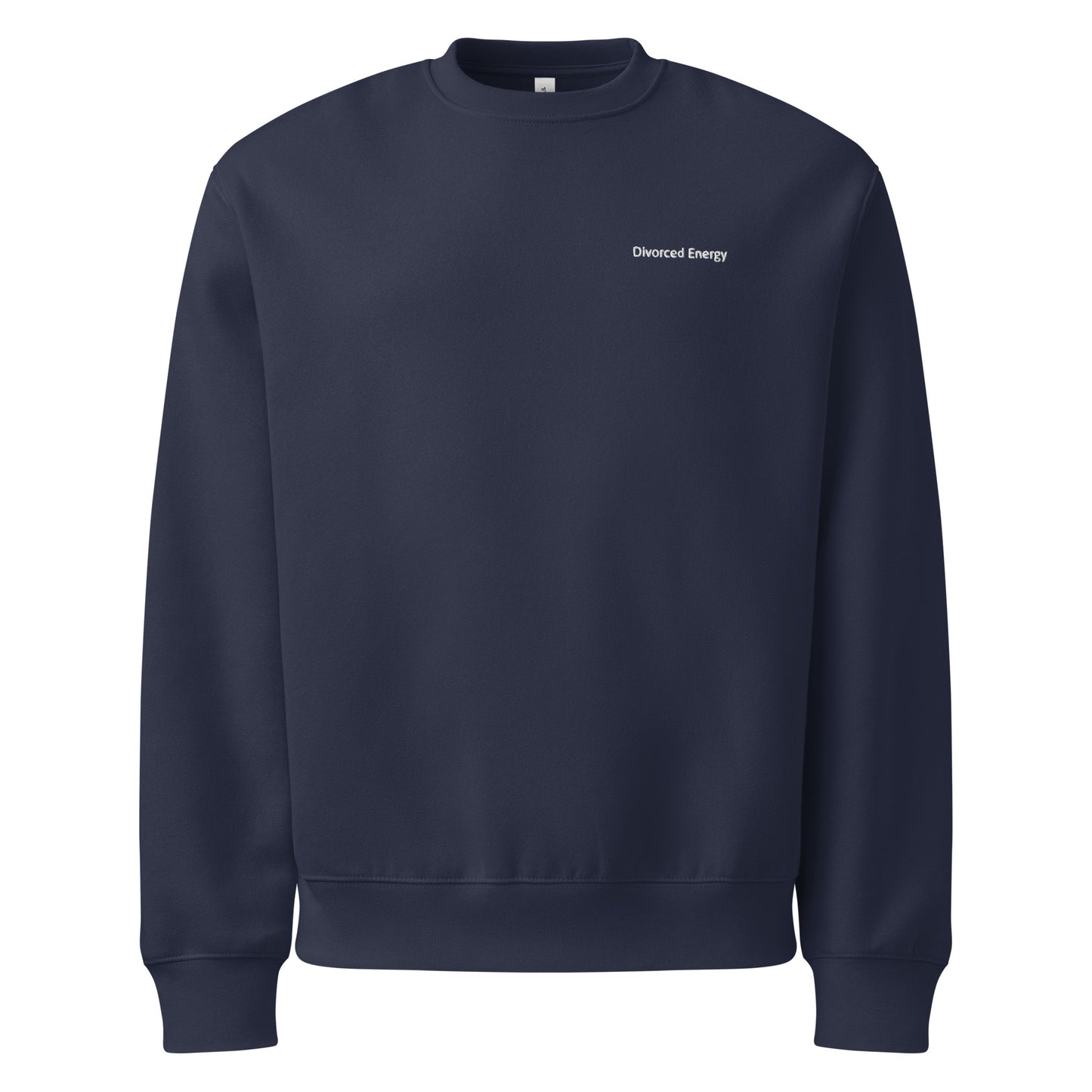 Blue crewneck sweatshirt with Divorced Energy on left chest in white embroidery