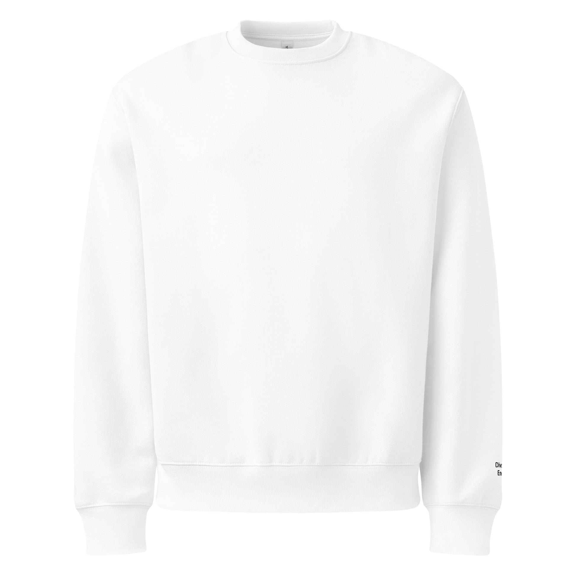 Front view of white crewneck sweatshirt with Divorced Energy embroidered in black on left wrist
