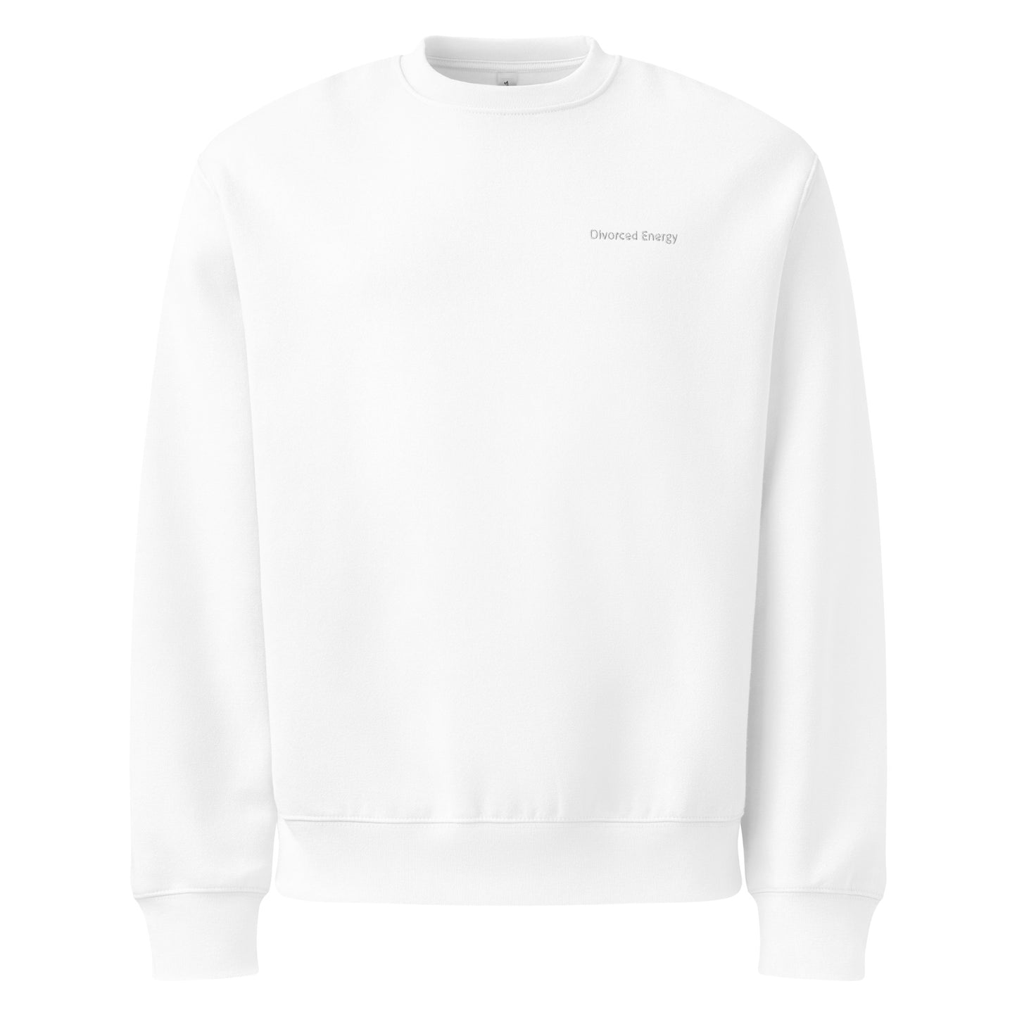 White crewneck sweatshirt with Divorced Energy on left chest in white embroidery