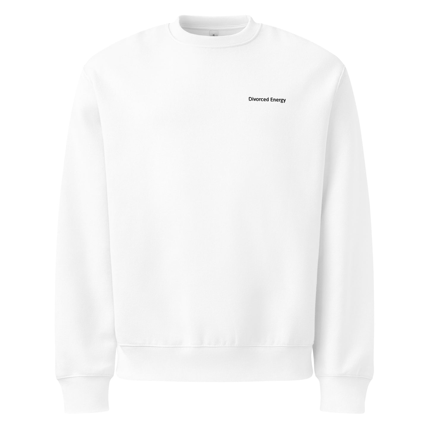 White crewneck sweatshirt with Divorced Energy on left chest in black embroidery