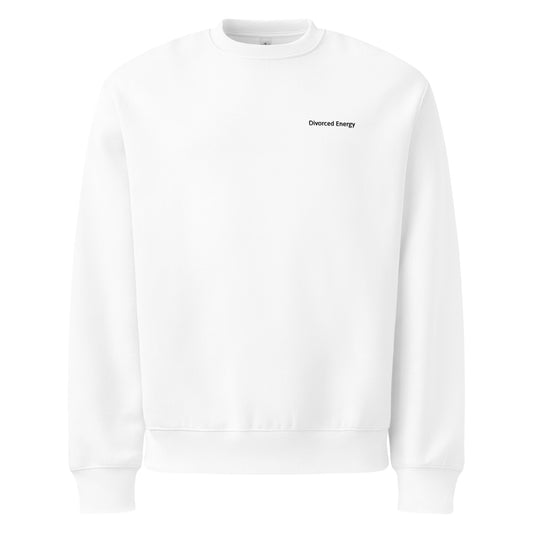 White crewneck sweatshirt with Divorced Energy on left chest in black embroidery