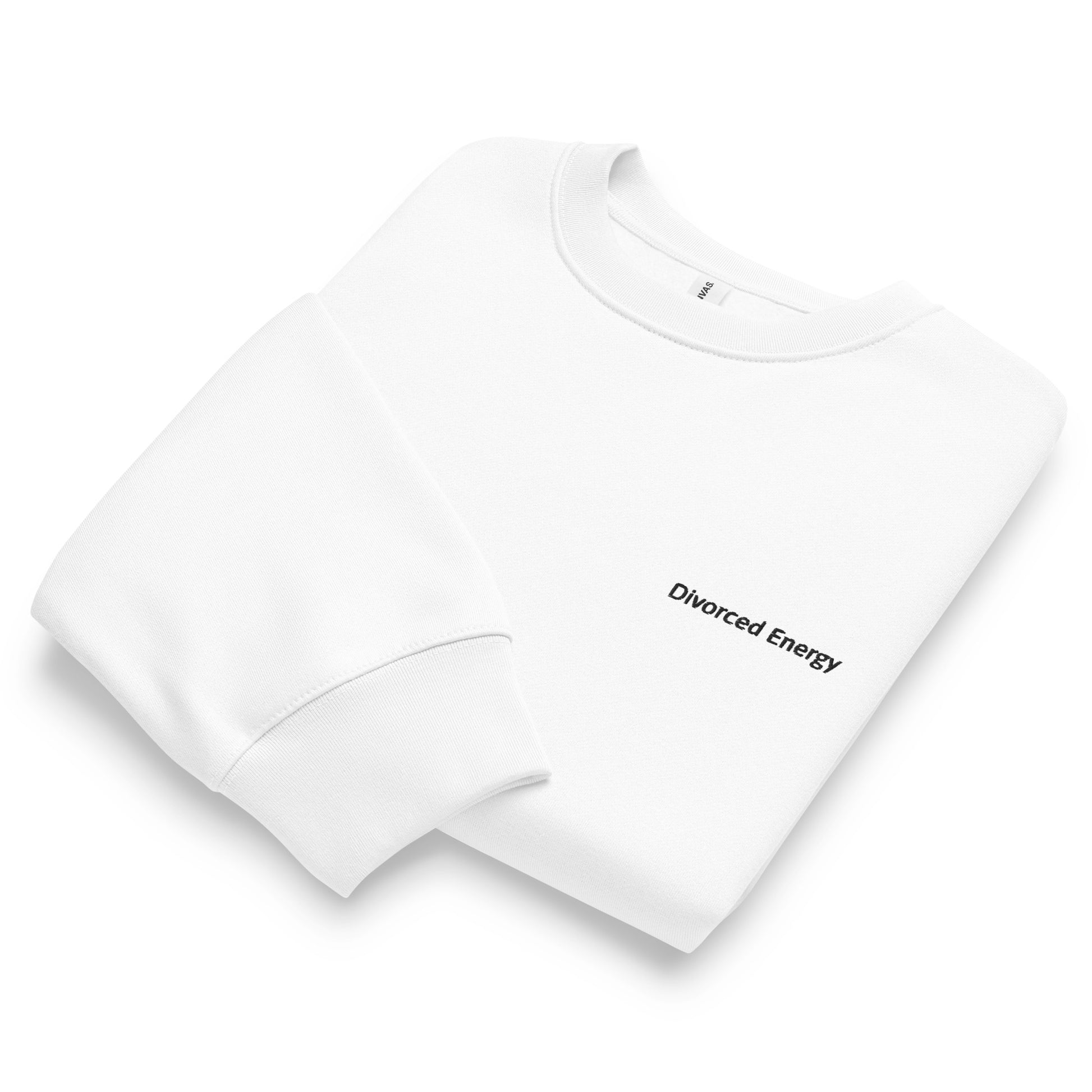White crewneck sweatshirt folded with Divorced Energy on left chest in black embroidery