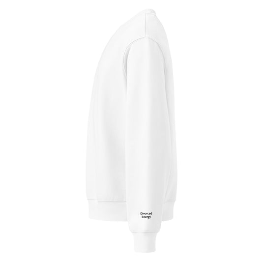 Side view of white crewneck sweatshirt with Divorced Energy embroidered in black on left wrist