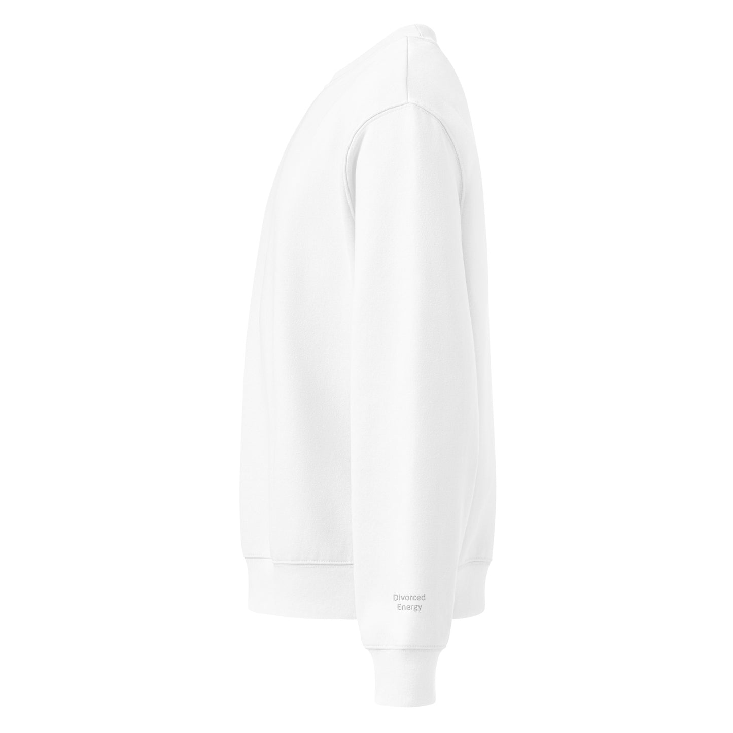 Side view of white crewneck sweatshirt with Divorced Energy embroidered in white on left wrist