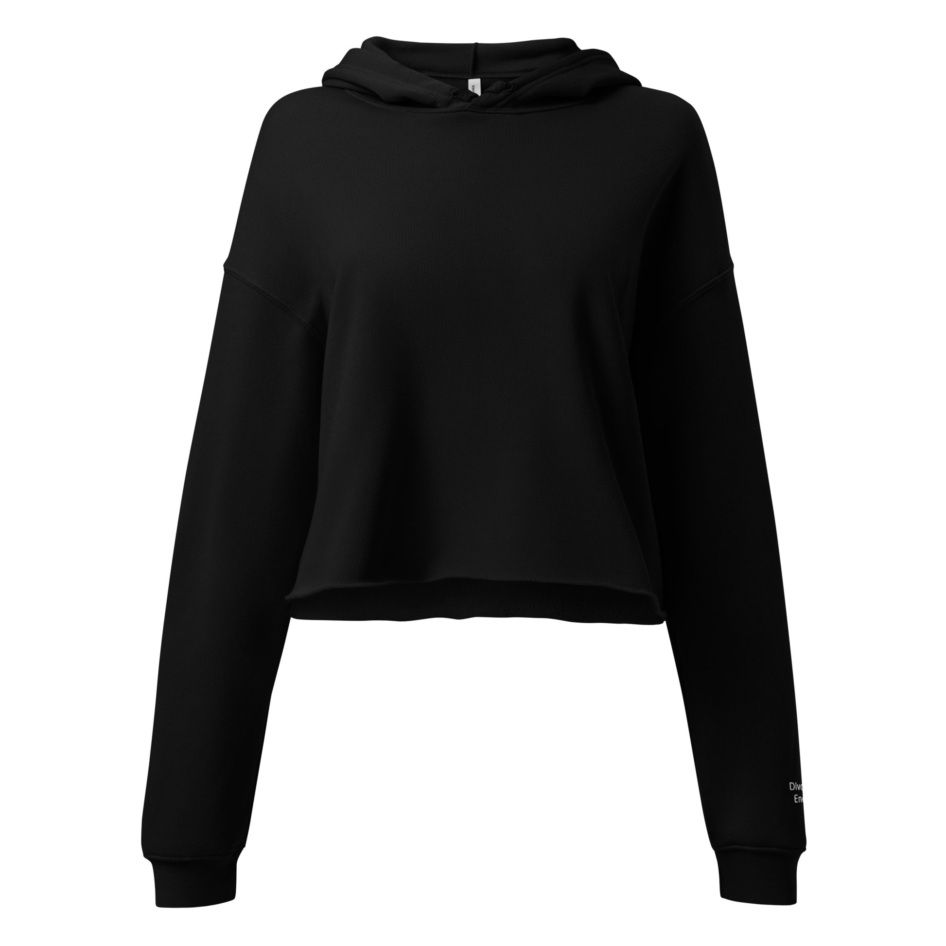 Front view black crop hoodie with Divorced Energy embroidered in white on left wrist