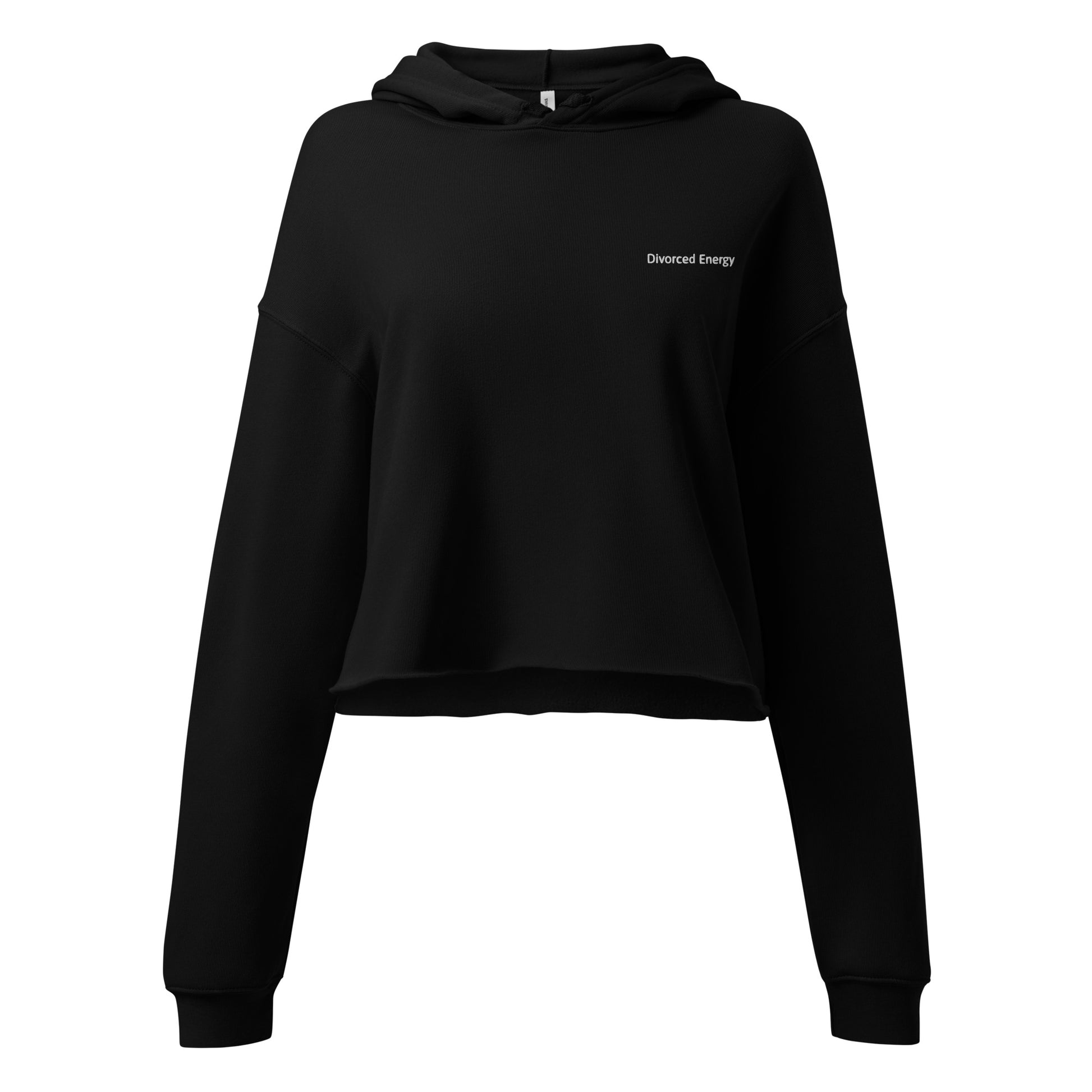 Black crop hoodie with Divorced Energy embroidered in white on left chest