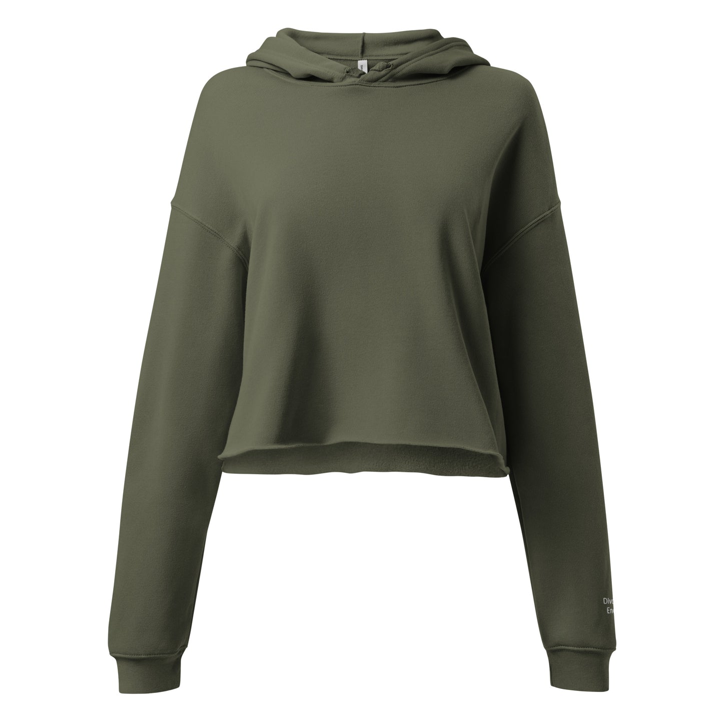 Front view green crop hoodie with Divorced Energy embroidered in white on left wrist