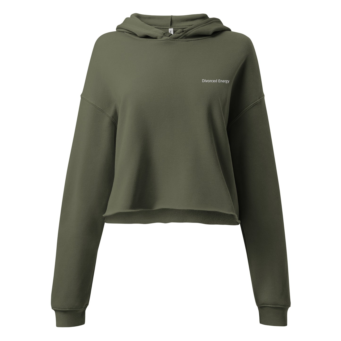 Green crop hoodie with Divorced Energy embroidered in white on left chest