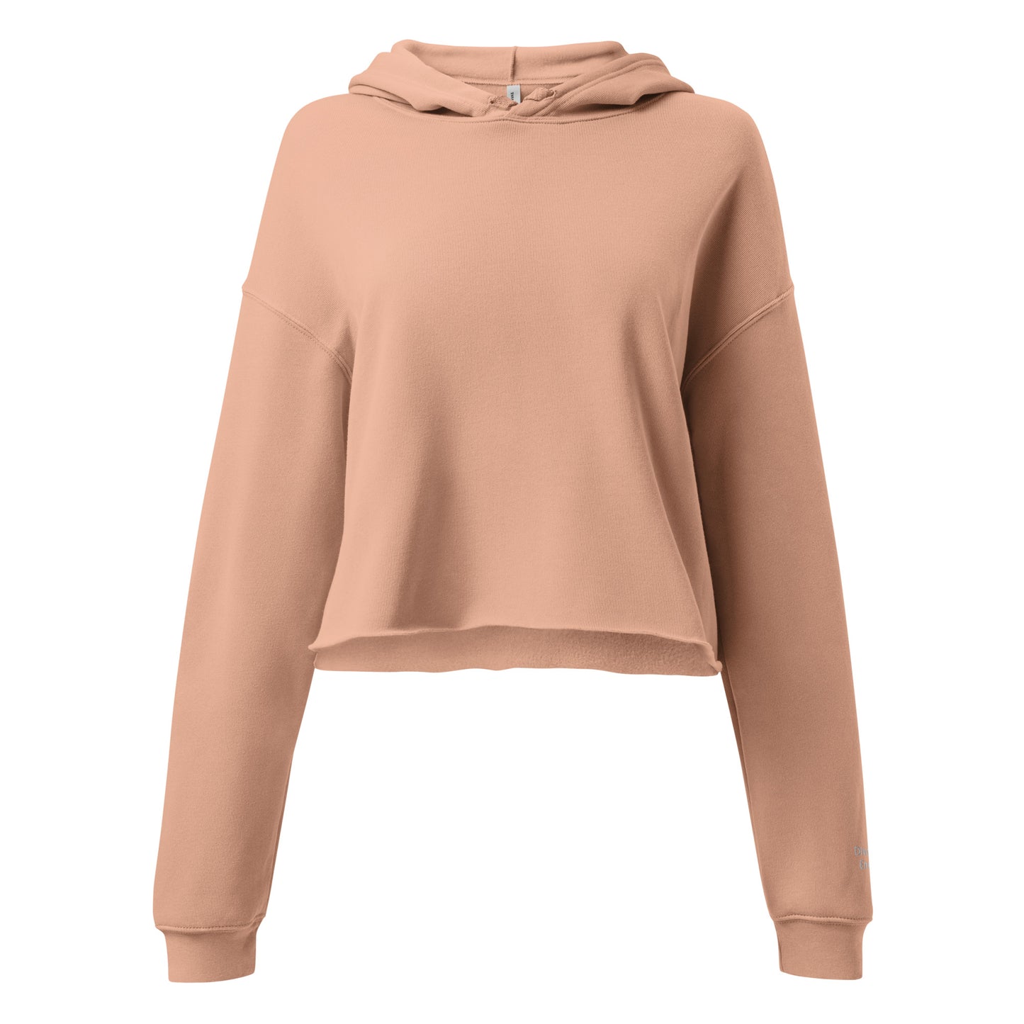 Front view salmon crop hoodie with Divorced Energy embroidered in white on left wrist