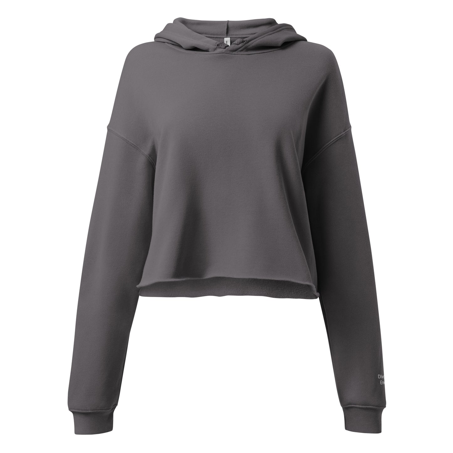 Front view charcoal crop hoodie with Divorced Energy embroidered in white on left wrist