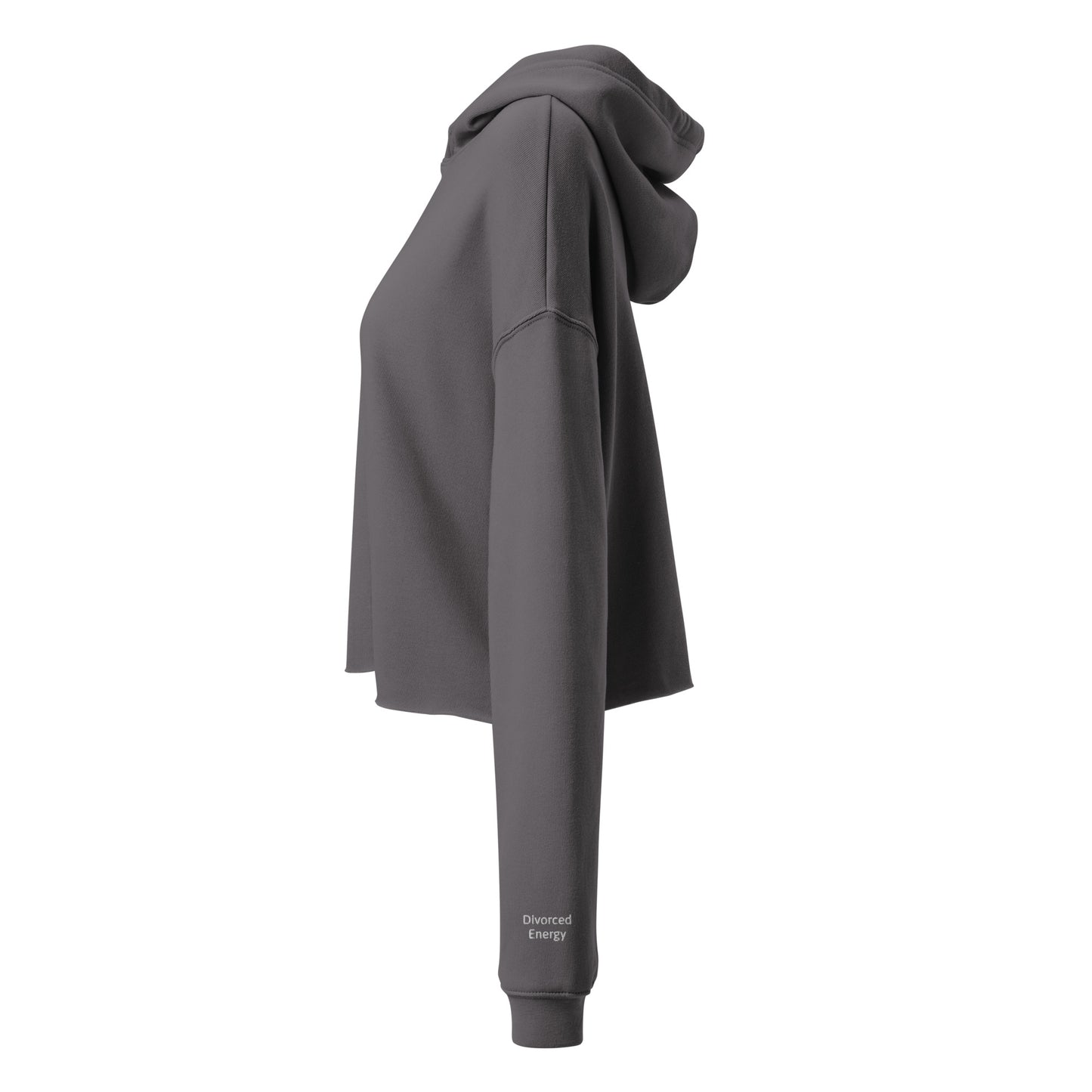 Side view charcoal crop hoodie with Divorced Energy embroidered in white on left wrist